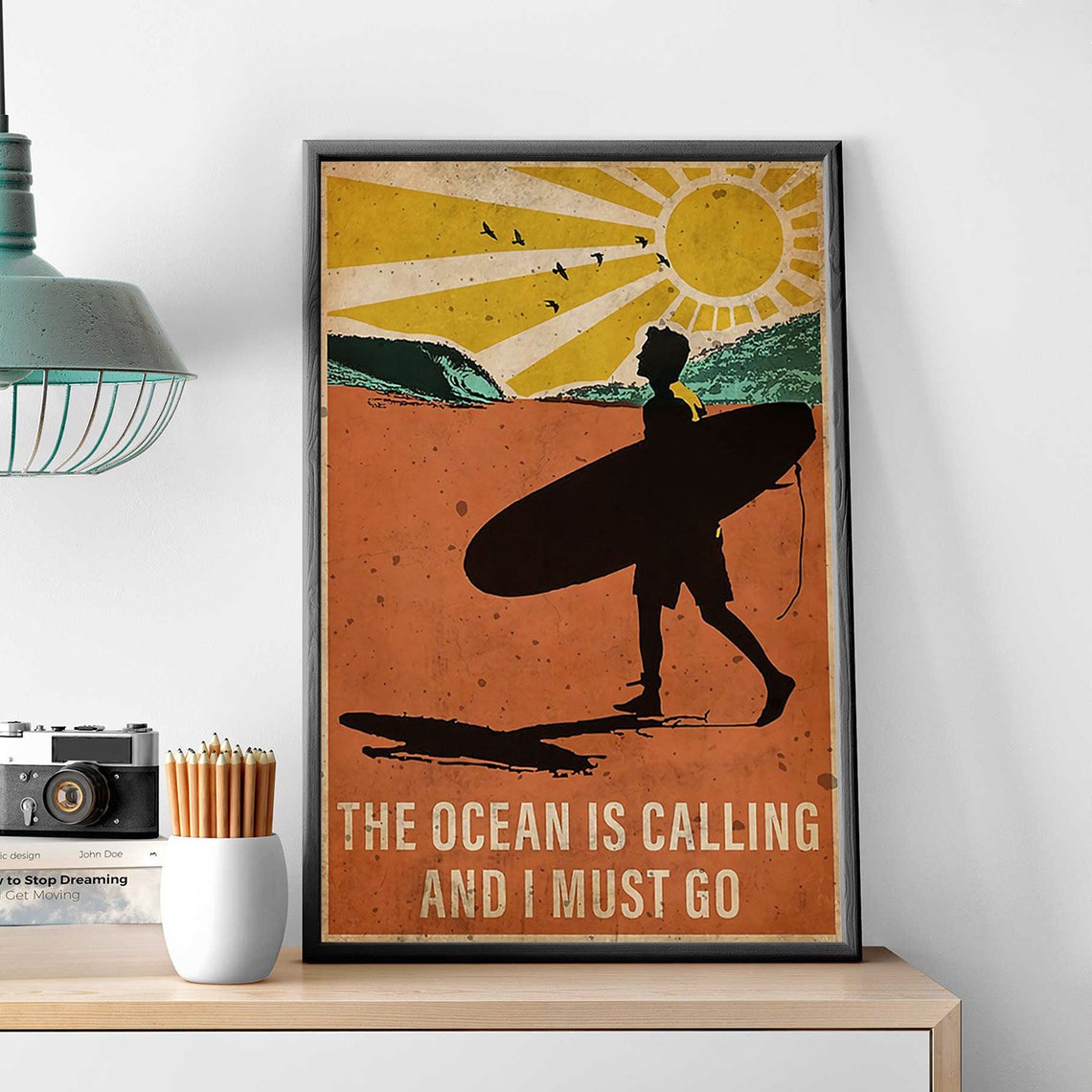 The Ocean Is Calling And I Must Go Retro Surfer Sunset Poster - Image 2