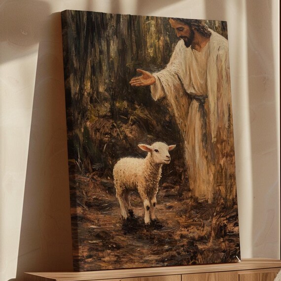Jesus Gently Calling a Lamb in a Quiet Woodland Clearing Poster