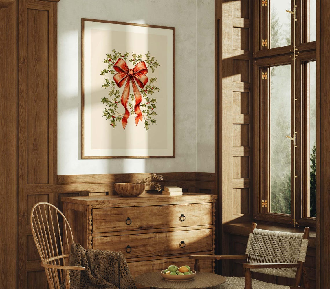 Vintage Red Bow And Holly Wreath Cozy Christmas Holiday Poster - Image 3