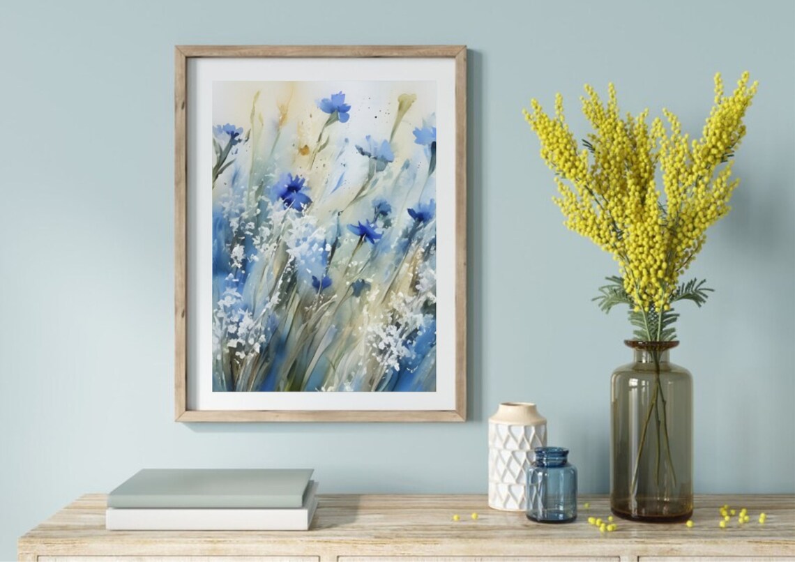 Blue Cornflowers Loose Abstract Breezy Watercolor Floral Art Poster - Image 5