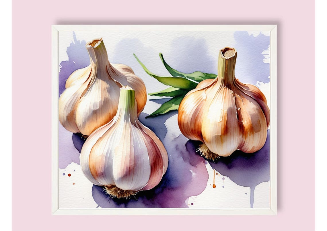 Three Garlic Bulbs With Purple Watercolor Wash Kitchen Poster - Image 6