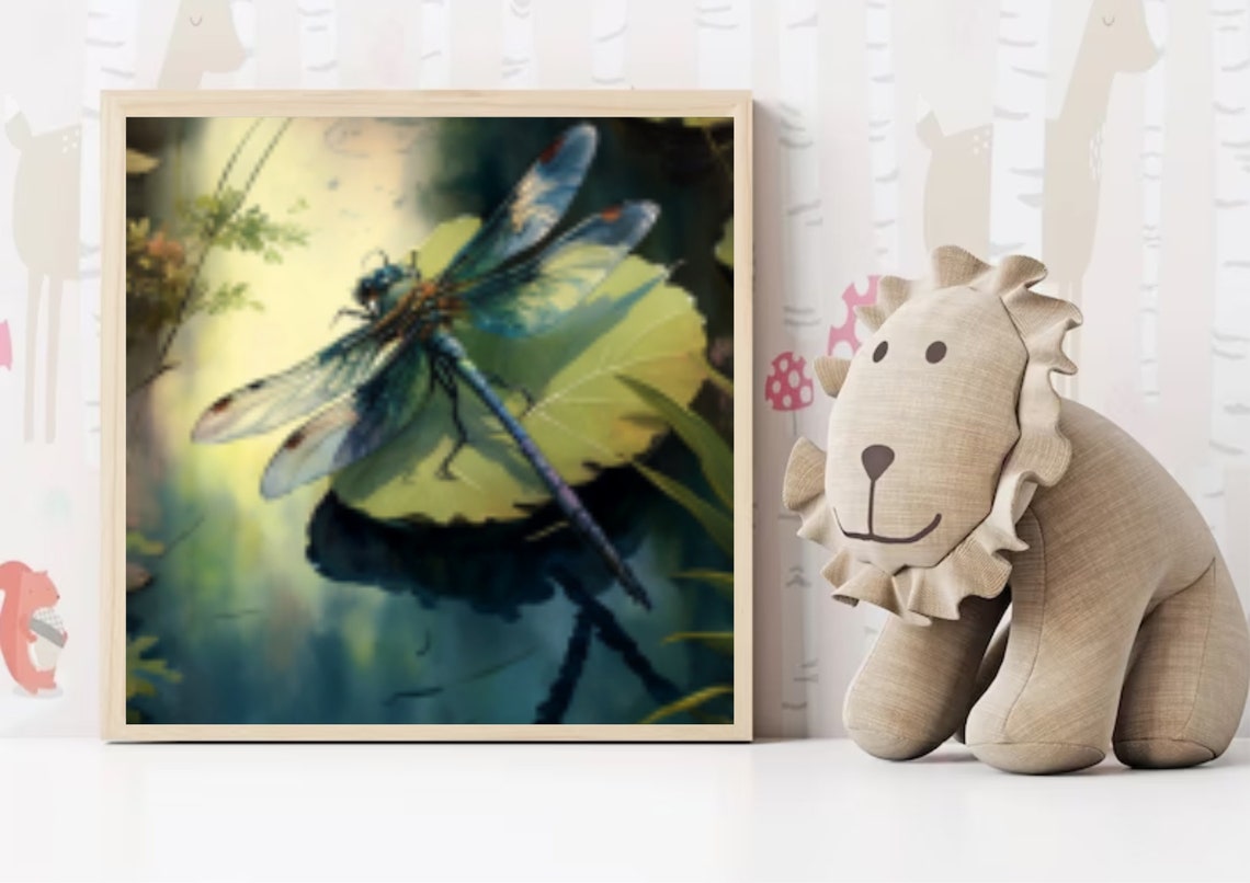 Blue Dragonfly Resting on a Water Lily Leaf Watercolor Poster - Image 4