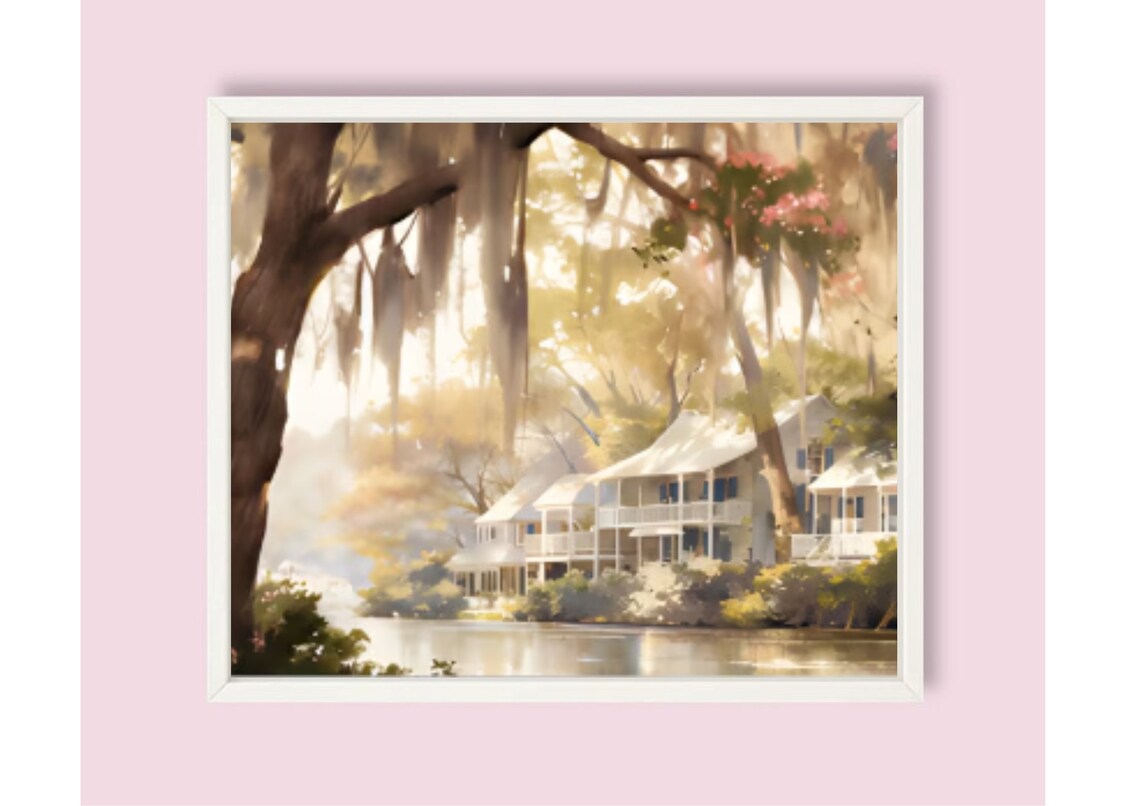 Sunlit Bayou Houses Among Moss Draped Trees Watercolor Wall Art - Image 6
