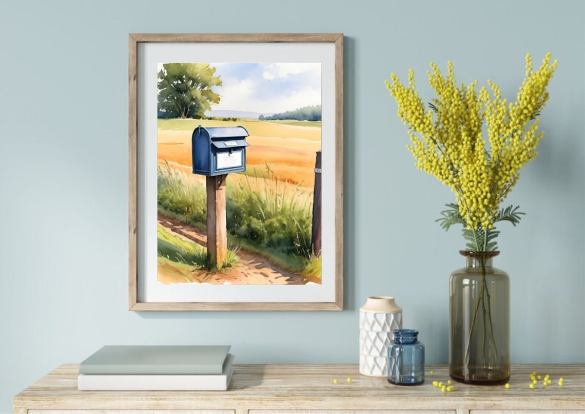 Blue Mailbox Country Road Wheat Field Rustic Watercolor Poster - Image 2
