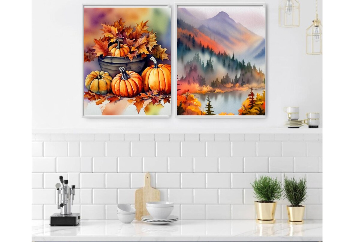 Autumn Pumpkins In Metal Bucket With Maple Leaves Watercolor Poster - Image 2