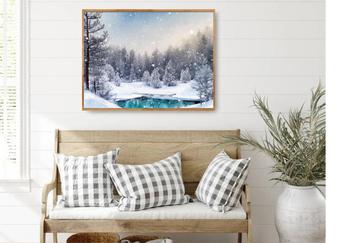 Snow Falling Over Turquoise Lake In Snowy Pine Forest Art Poster - Image 5