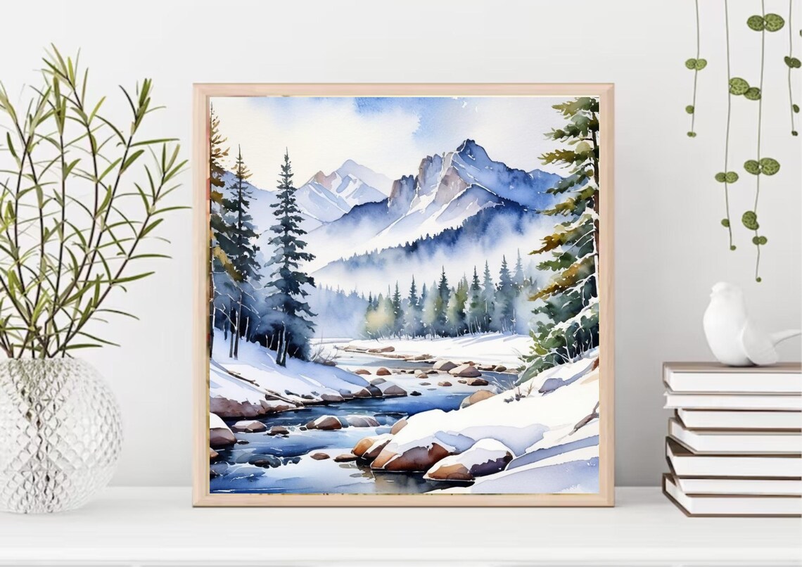 Rocky Mountains Watercolor Art Print, Winter Landscape - Image 5