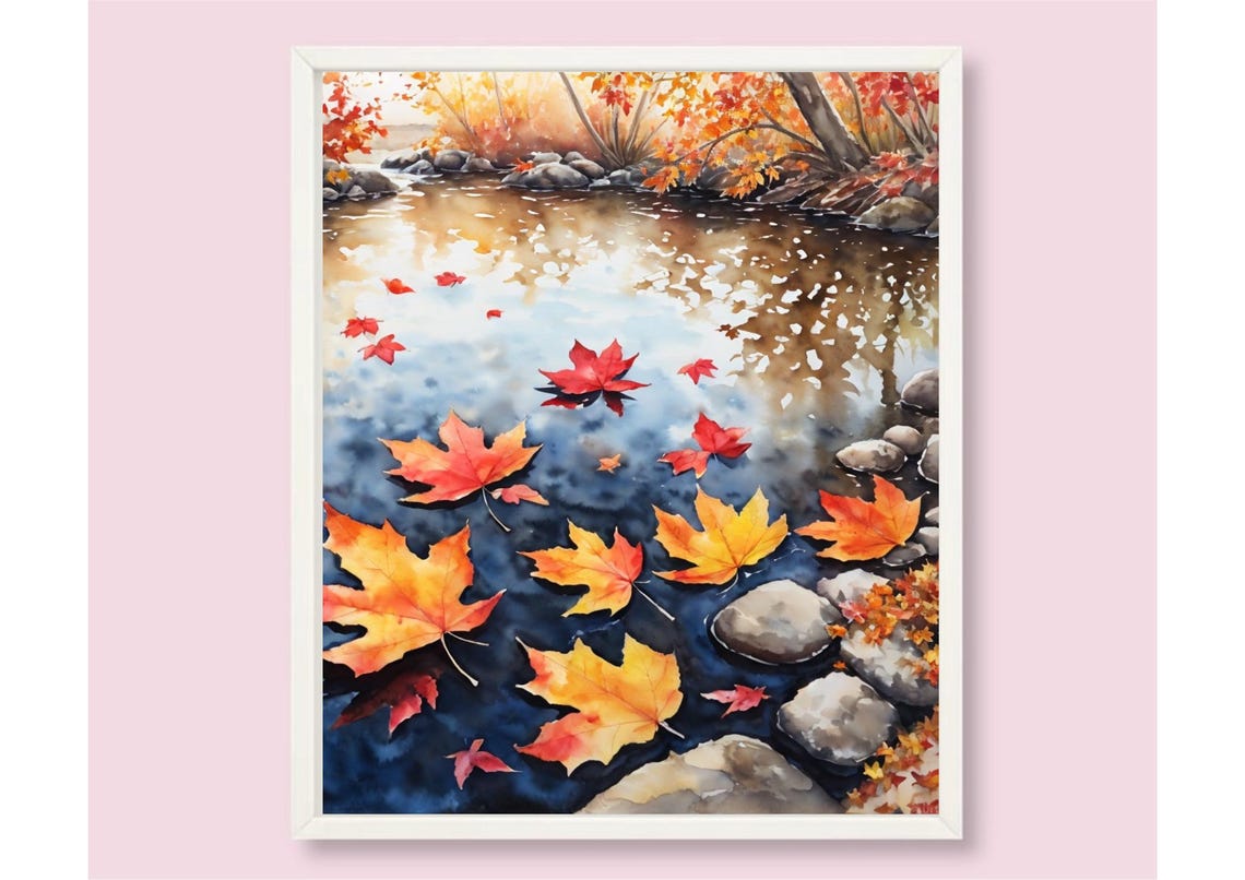 Red Maple Leaves Floating On A Forest Stream Watercolor Poster - Image 6