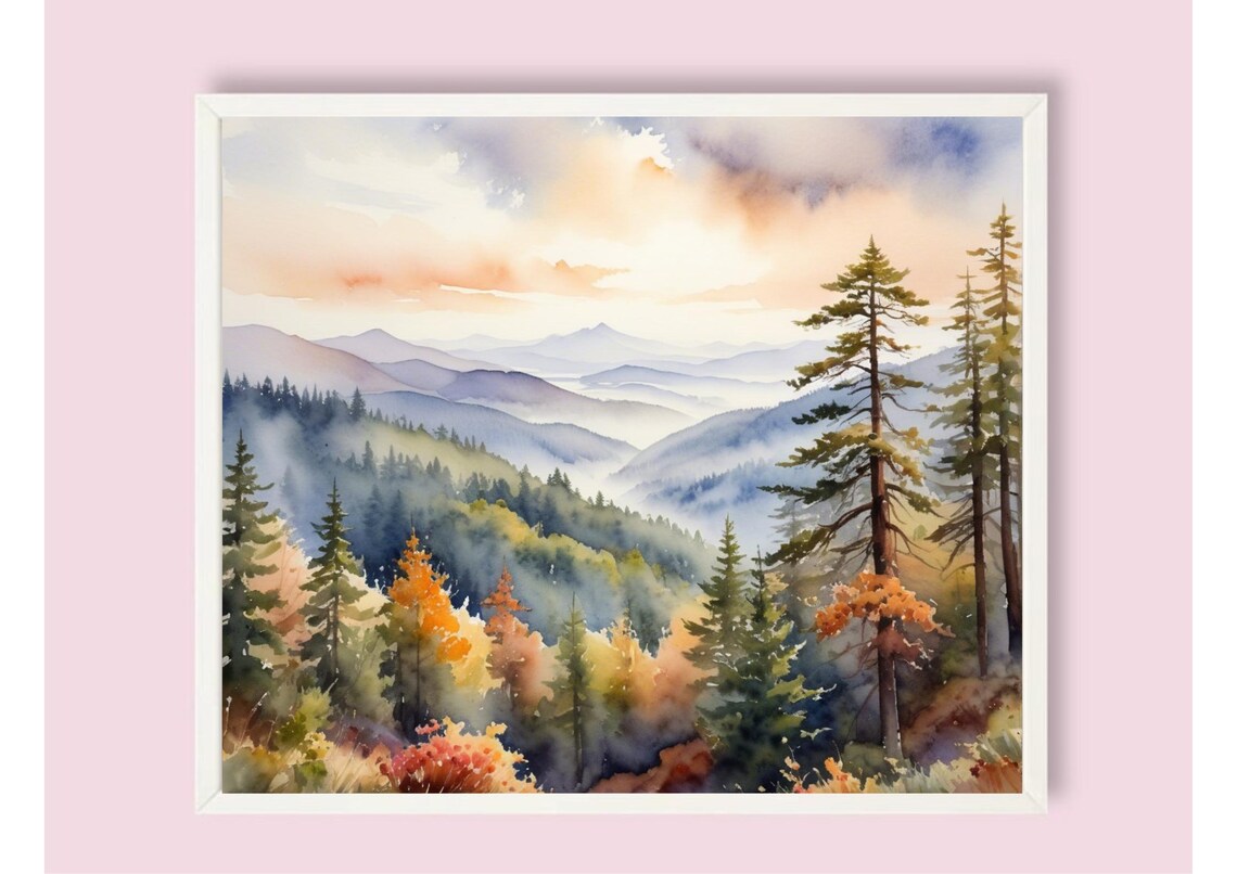 Smoky Mountains Autumn Ridgelines In Morning Fog Watercolor Poster - Image 6
