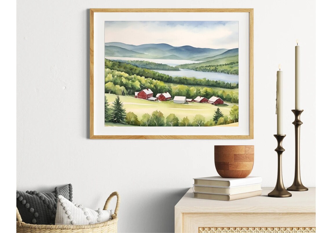 Vermont Green Mountain & Farmhouse Watercolor Art Print - Image 3