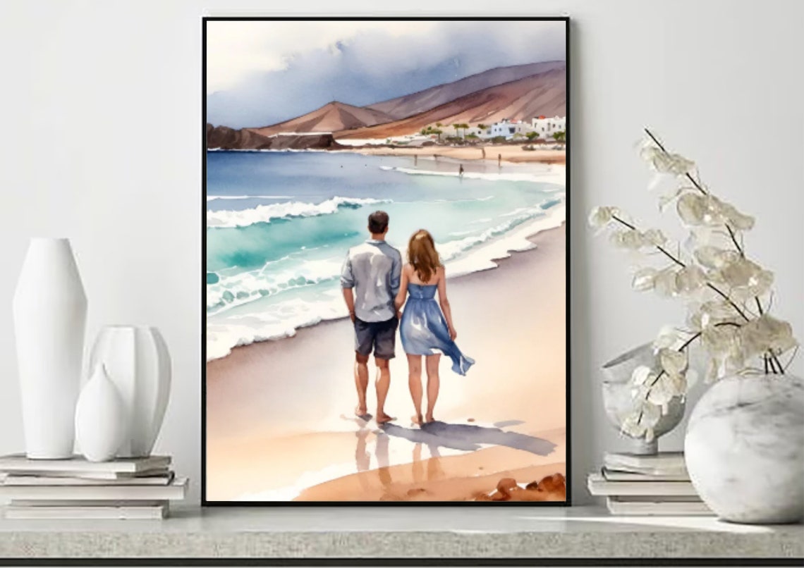 Fuerteventura Painting Canary Islands Watercolor Art Print Lovers On Costa Calma Beach Wall Art Man And Woman On The Beach Art Seascape Art - Image 5