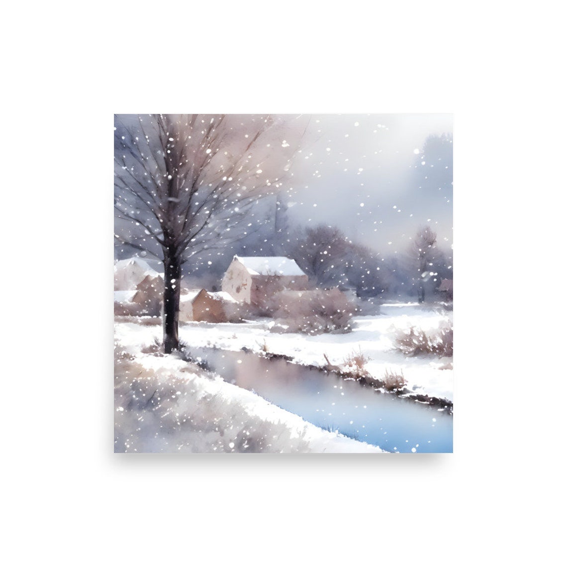 Vermont Painting Winter Country Landscape Watercolor Art Print Small Lake And House Panoramic Snowy Landscape Art Print Winter In Vermont - Image 2