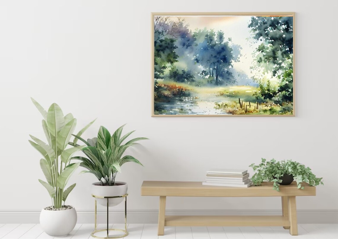 Misty Forest River Watercolor in Soft Green Morning Tones Poster - Image 3