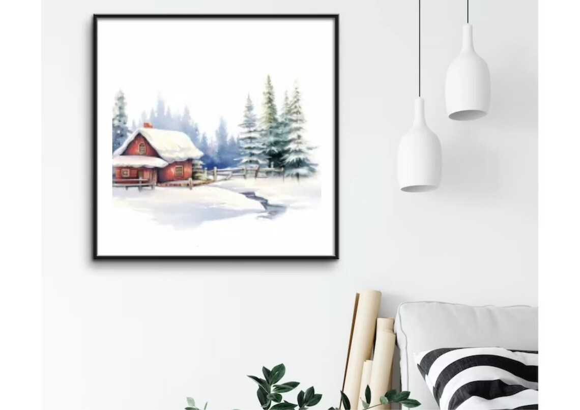 Cozy Red Wooden Cabin in a Snowy Pine Forest Winter Landscape Poster - Image 3