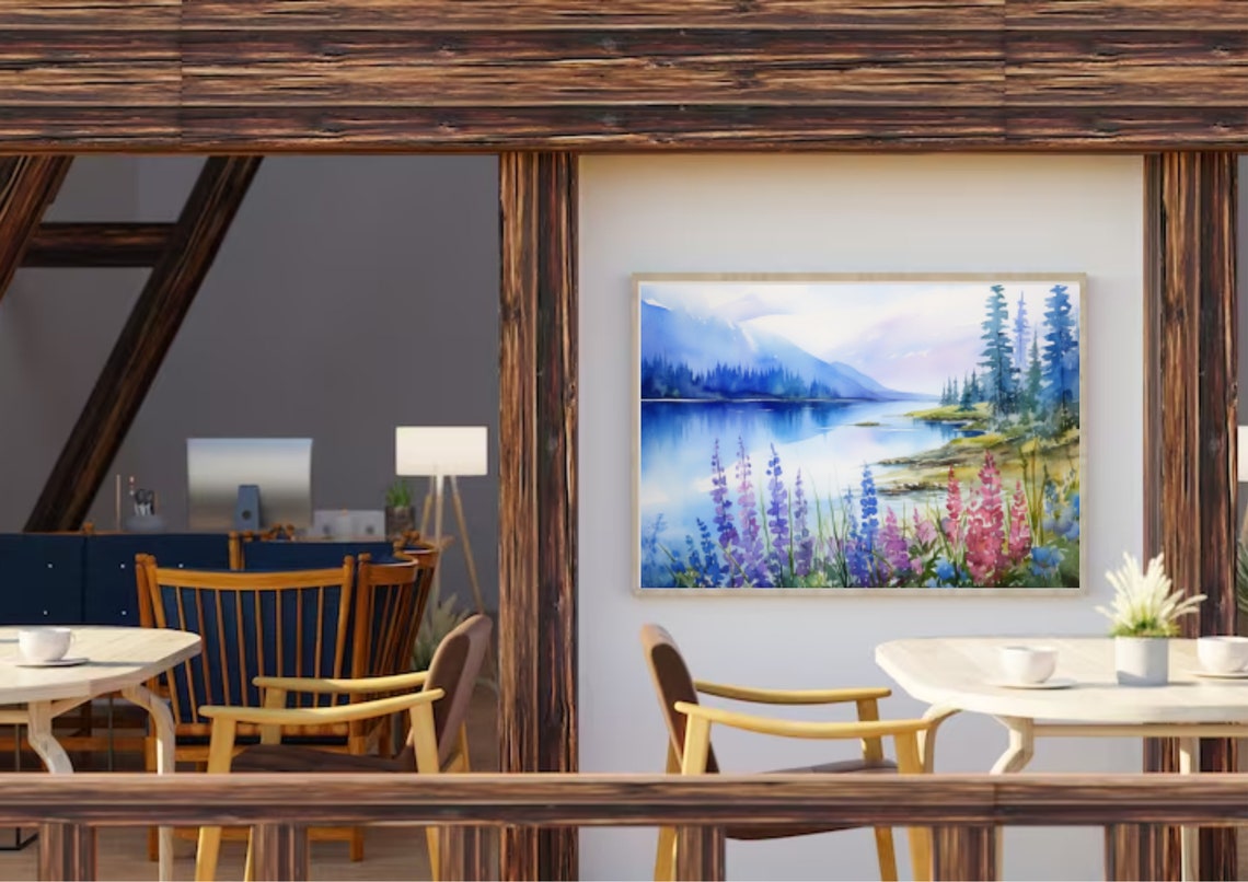 Mountain Lake Watercolor With a Spring Wildflower Meadow Poster - Image 4