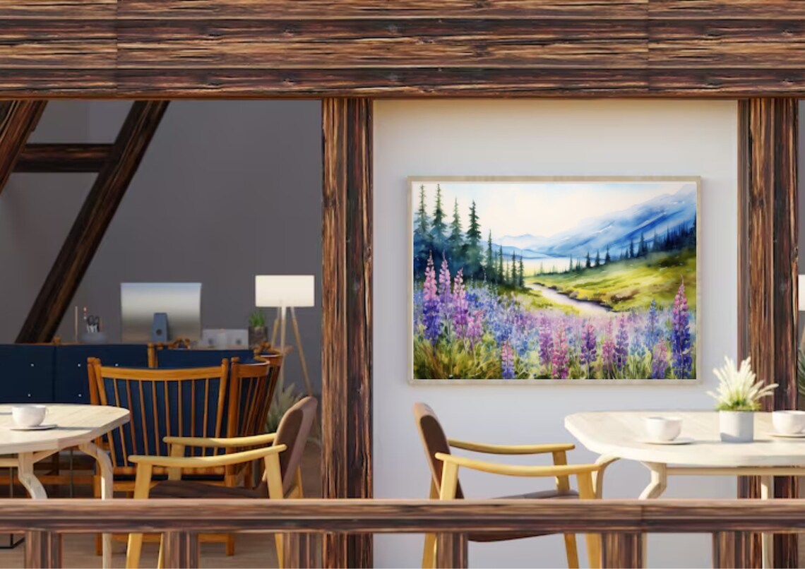 Purple And Pink Lupine Meadow By River Valley Watercolor Floral Poster - Image 3