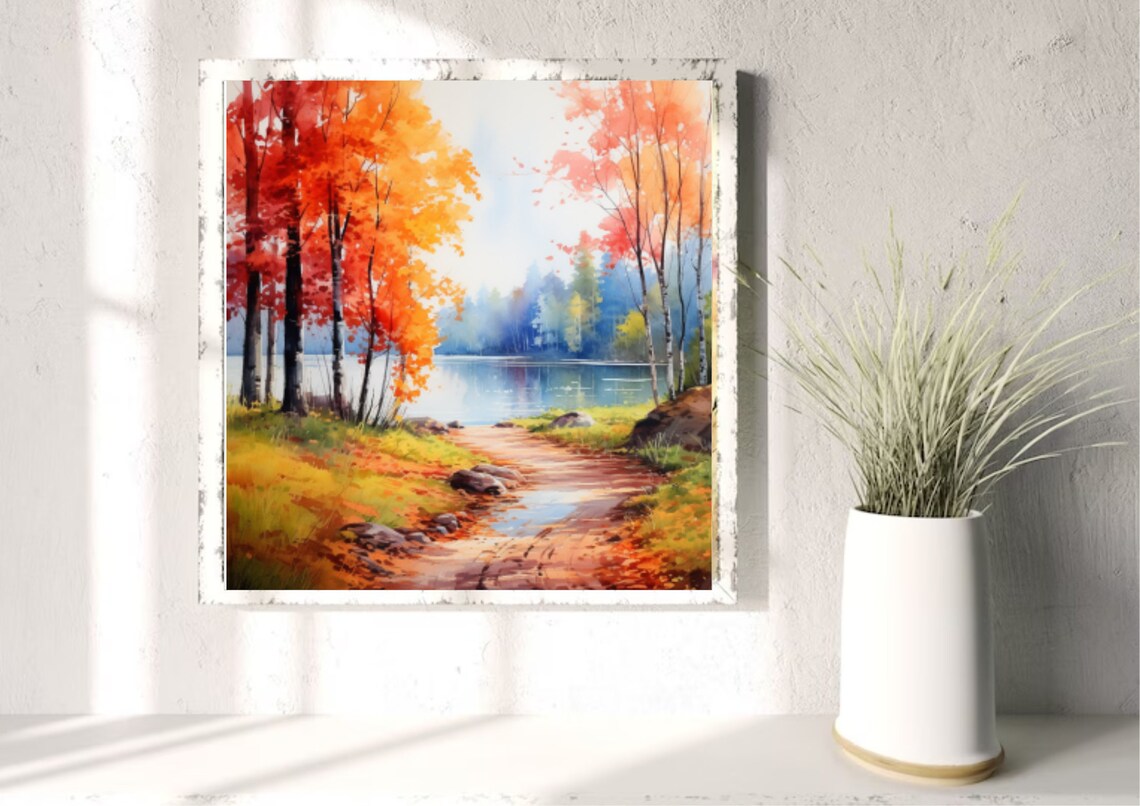 Autumn Lake Forest Watercolor Landscape Art Print - Image 3