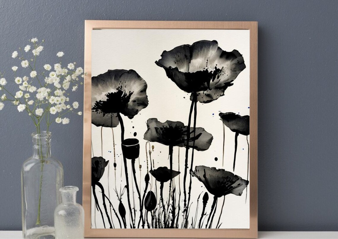 Black White Poppy Flowers Ink Watercolor Sketch Botanical Art Poster - Image 6