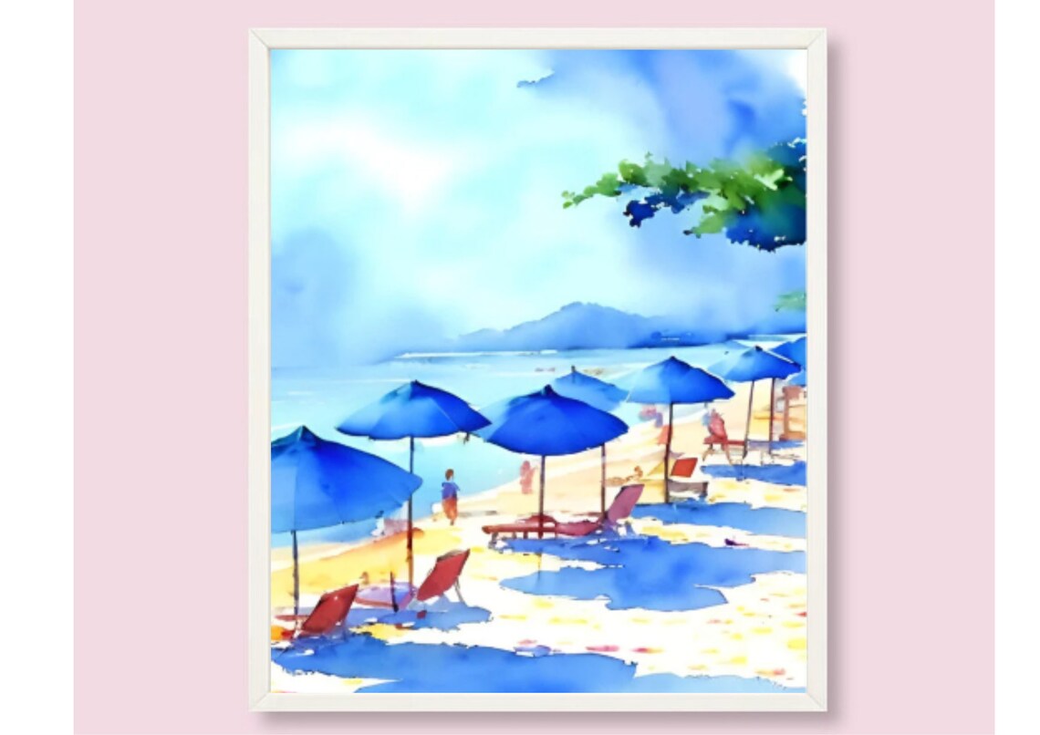 Florida Beach Blue Umbrellas Sunny Summer Coast Watercolor Poster - Image 6