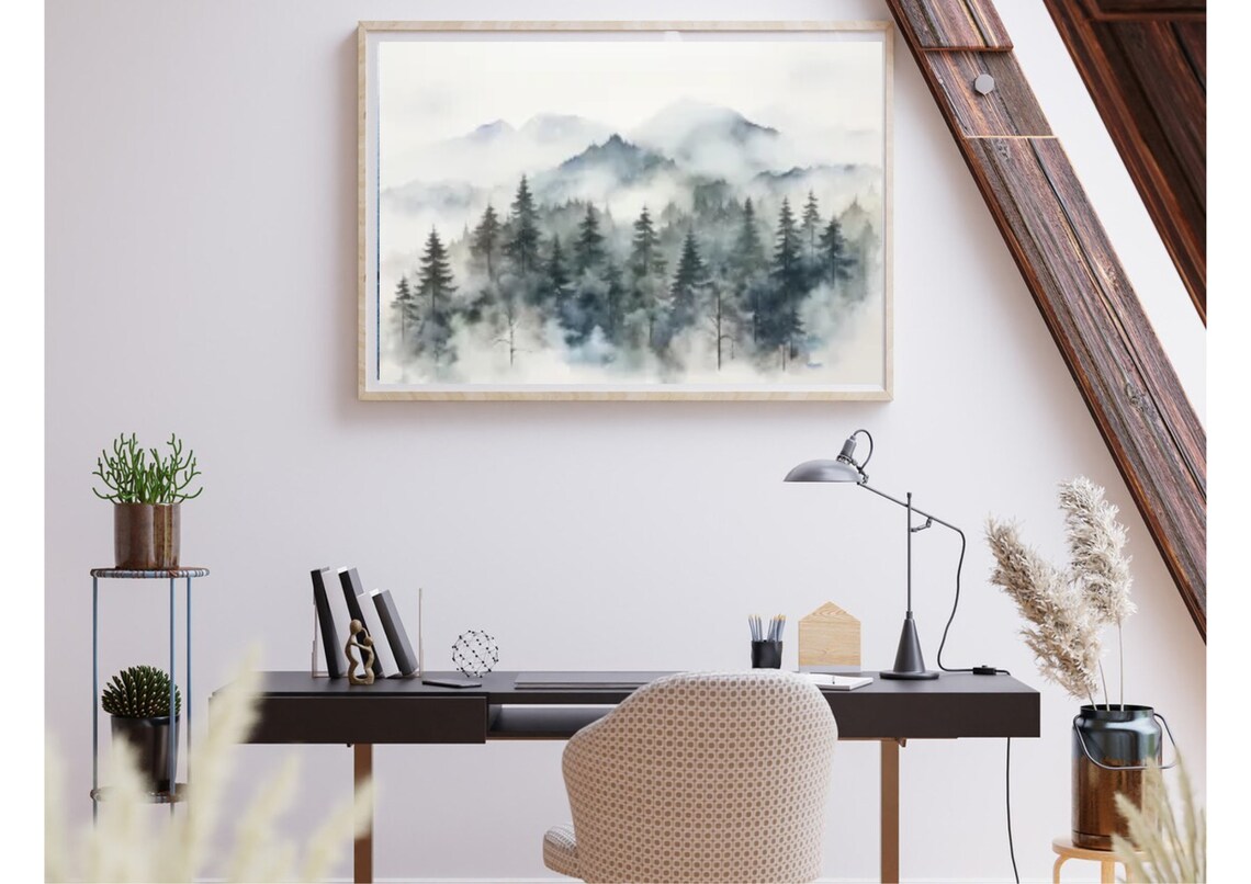 Foggy Evergreen Pine Forest Misty Gray Mountain Watercolor Poster - Image 5