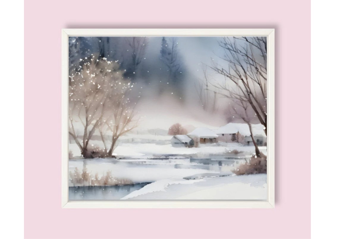 Winter Foggy Country Landscape Watercolor Painting Rural Houses And A Small River Art Print Panoramic Winter Landscape Of A Village Print - Image 6