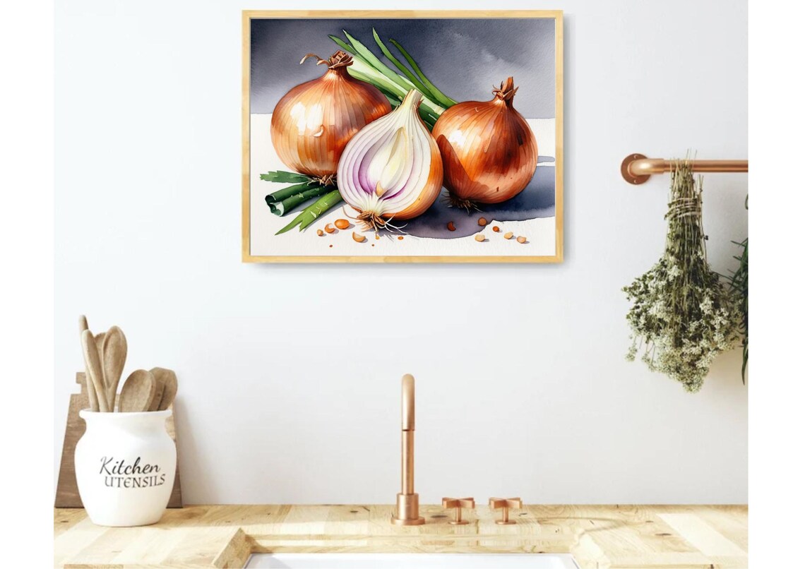 Golden Onions One Halved With Green Stalks Watercolor Kitchen Poster - Image 3
