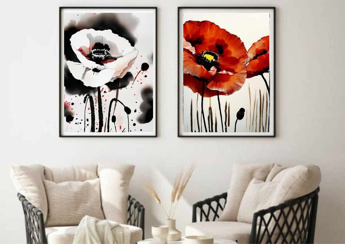 White Poppy Flower With Black Ink Watercolor Fine Art Poster - Image 3