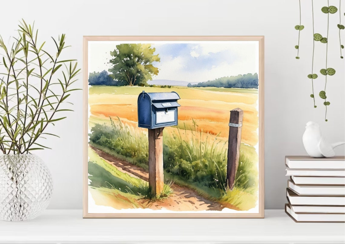 Blue Mailbox Country Road Wheat Field Rustic Watercolor Poster - Image 4