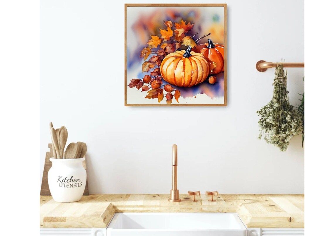 Golden Pumpkins With Maple Leaves And Berries Watercolor Fall Print - Image 4