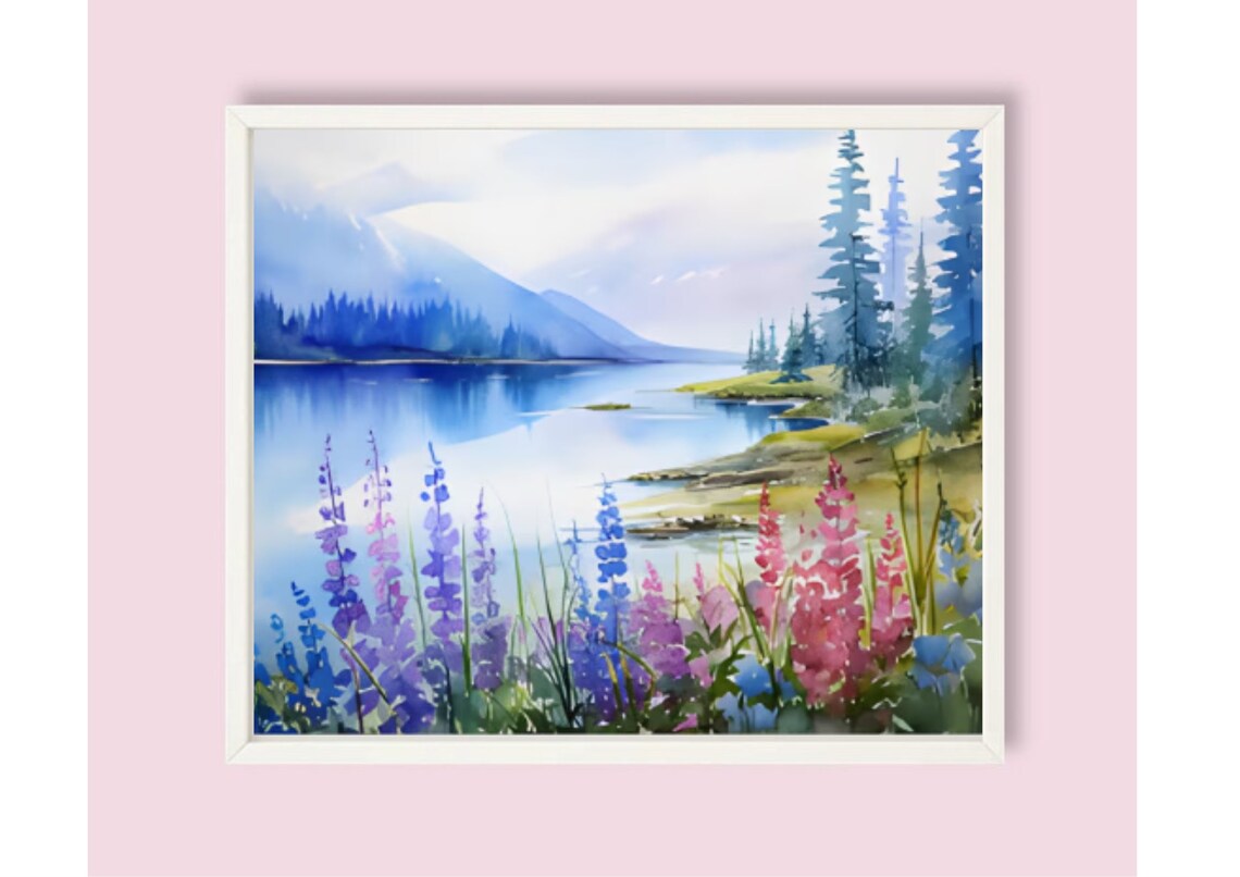 Mountain Lake Watercolor With a Spring Wildflower Meadow Poster - Image 6