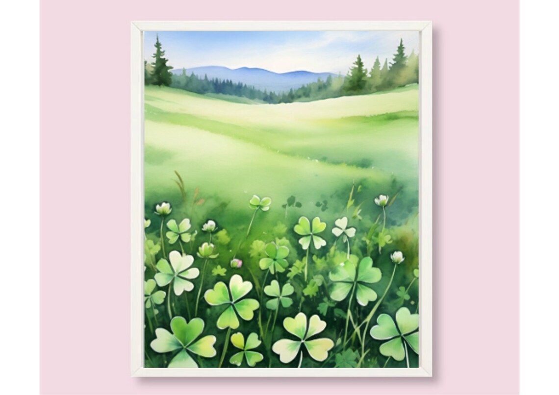 Clover Meadow White Blossoms Rolling Green Hills Watercolor Poster - Image 6