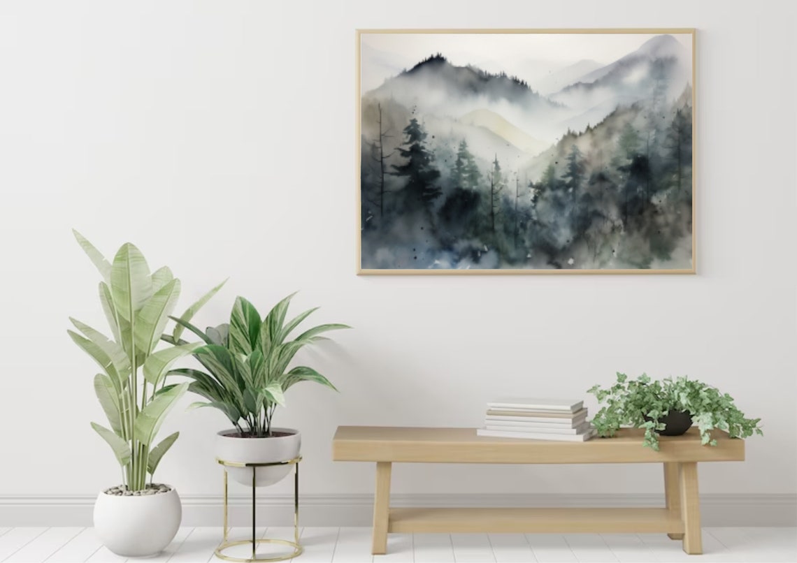Foggy Pine Forest Watercolor in Muted Gray and Blue Tones Poster - Image 5
