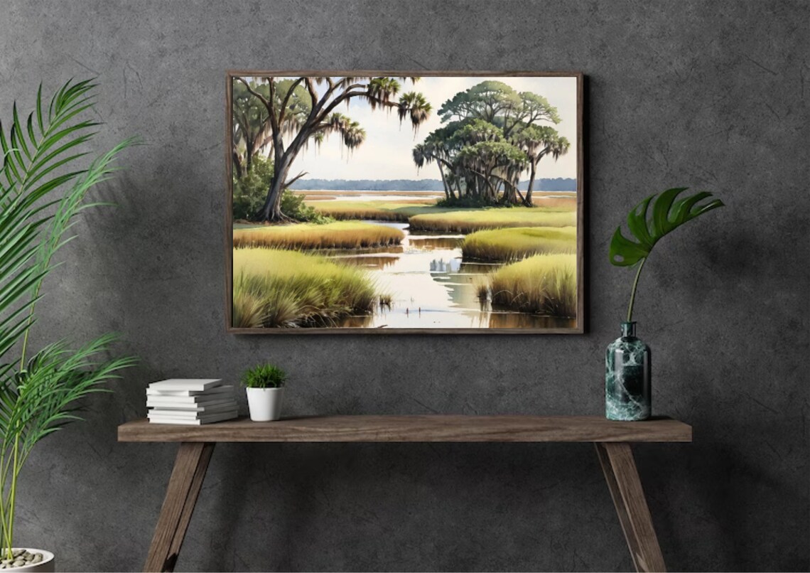Marsh Painting Charleston Lowcountry Watercolor Art Print Salt Marsh Wall Art South Carolina Lowcountry Landscape Poster Trees In Swamp Art - Image 3