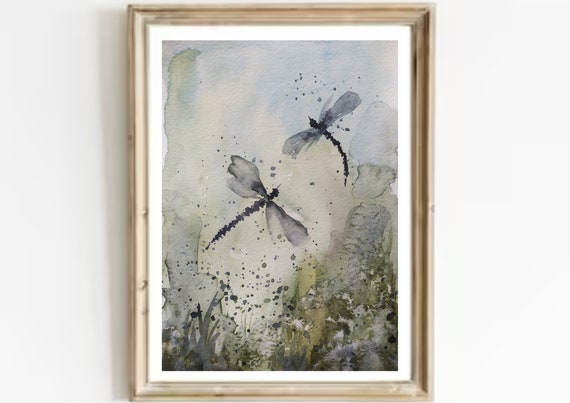 Dragonfly Watercolor Painting Wild Flowers And Dragonfly Print Insects Watercolor Print Botanical Abstract Print Flowers Field Watercolor
