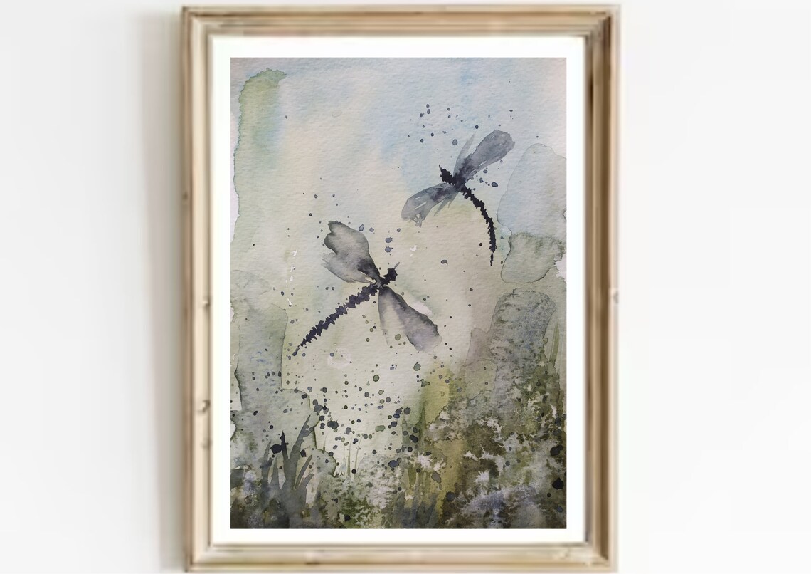 Dragonfly Watercolor Painting Wild Flowers And Dragonfly Print Insects Watercolor Print Botanical Abstract Print Flowers Field Watercolor