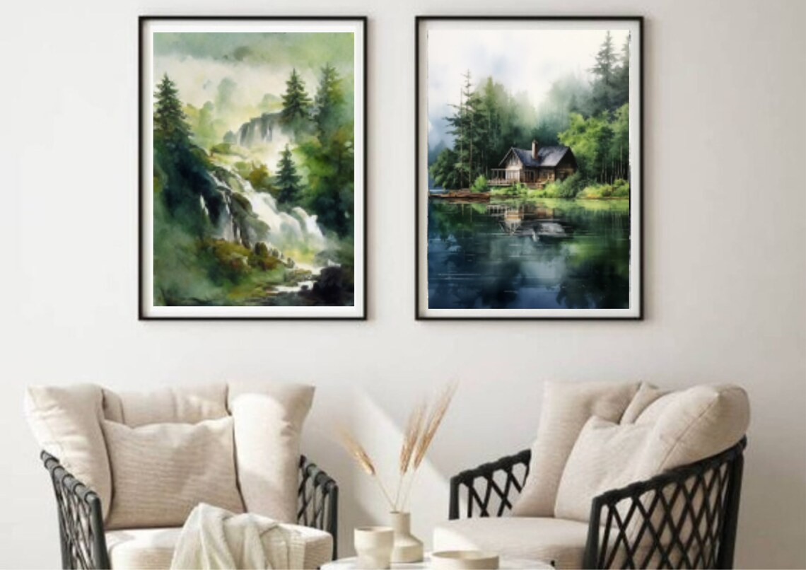 Misty Waterfall Cascading Through Foggy Green Forest Watercolor Print - Image 2