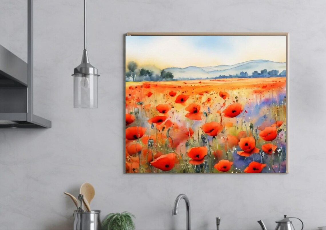 Poppies Field Watercolor Panoramic Landscape Art Print - Image 5