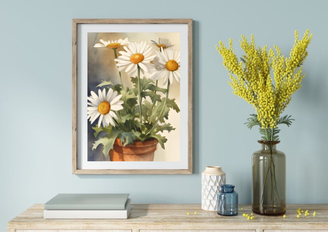 White Daisies In Terracotta Pot Watercolor Flower Still Life Poster - Image 5