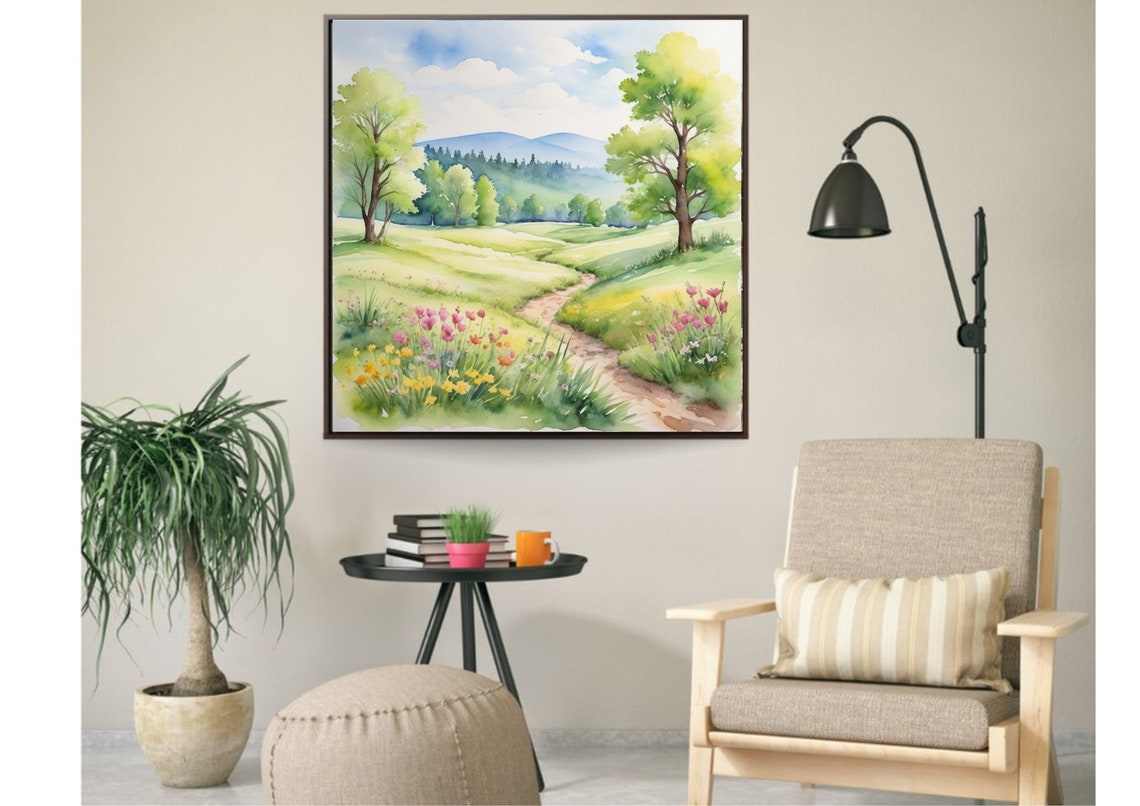 Spring Wildflower Meadow Path Trees Mountains Watercolor Poster - Image 4
