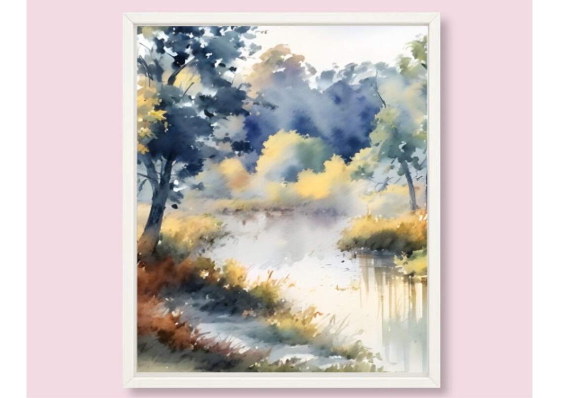 Misty Autumn River Watercolor in Warm Golden Fall Tones Poster - Image 6