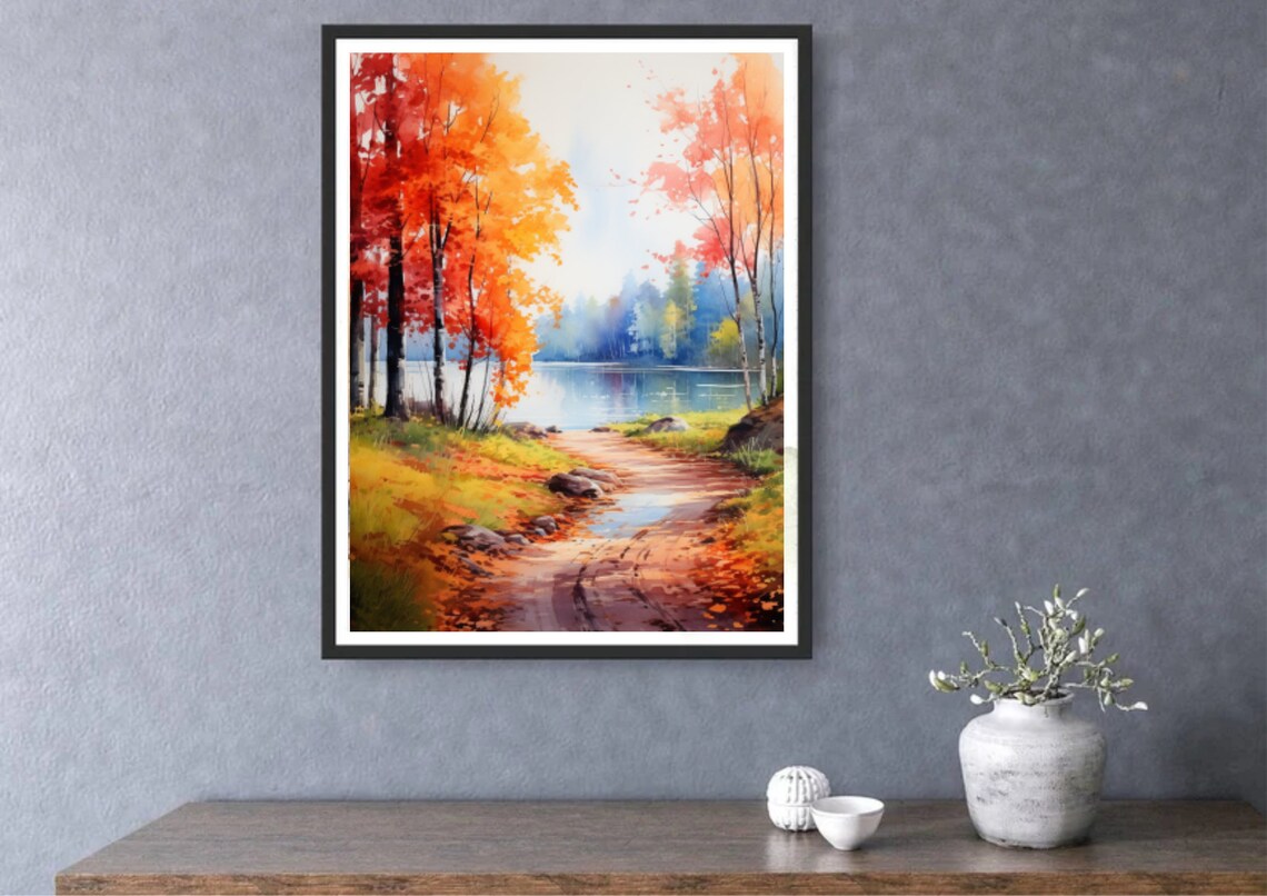 Autumn Lake Forest Watercolor Landscape Art Print - Image 2