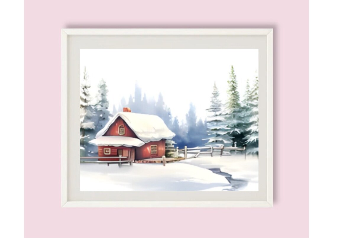 Cozy Red Wooden Cabin in a Snowy Pine Forest Winter Landscape Poster - Image 6