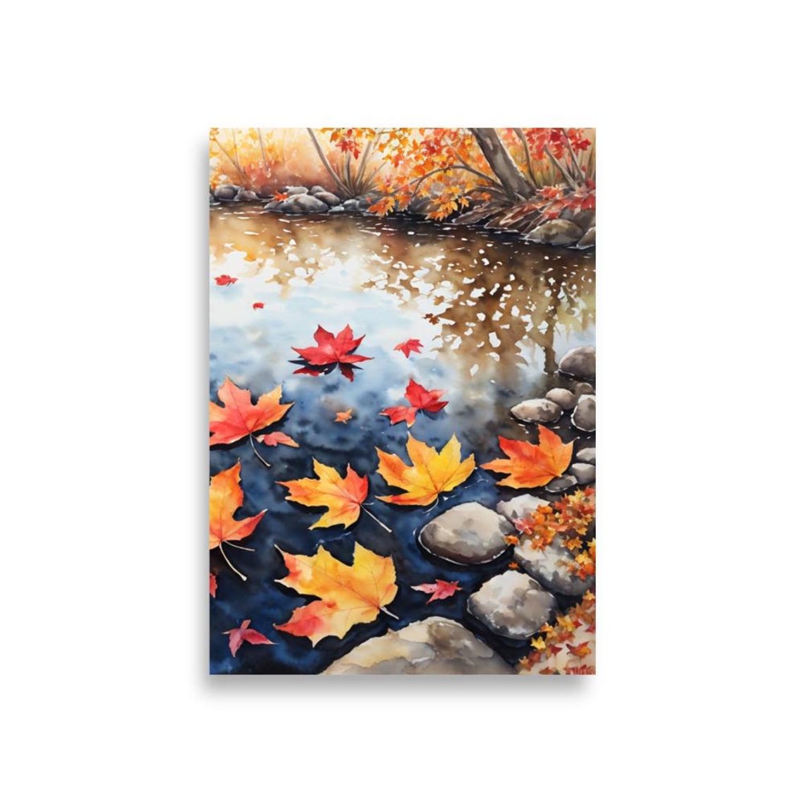 Red Maple Leaves Floating On A Forest Stream Watercolor Poster - Image 2