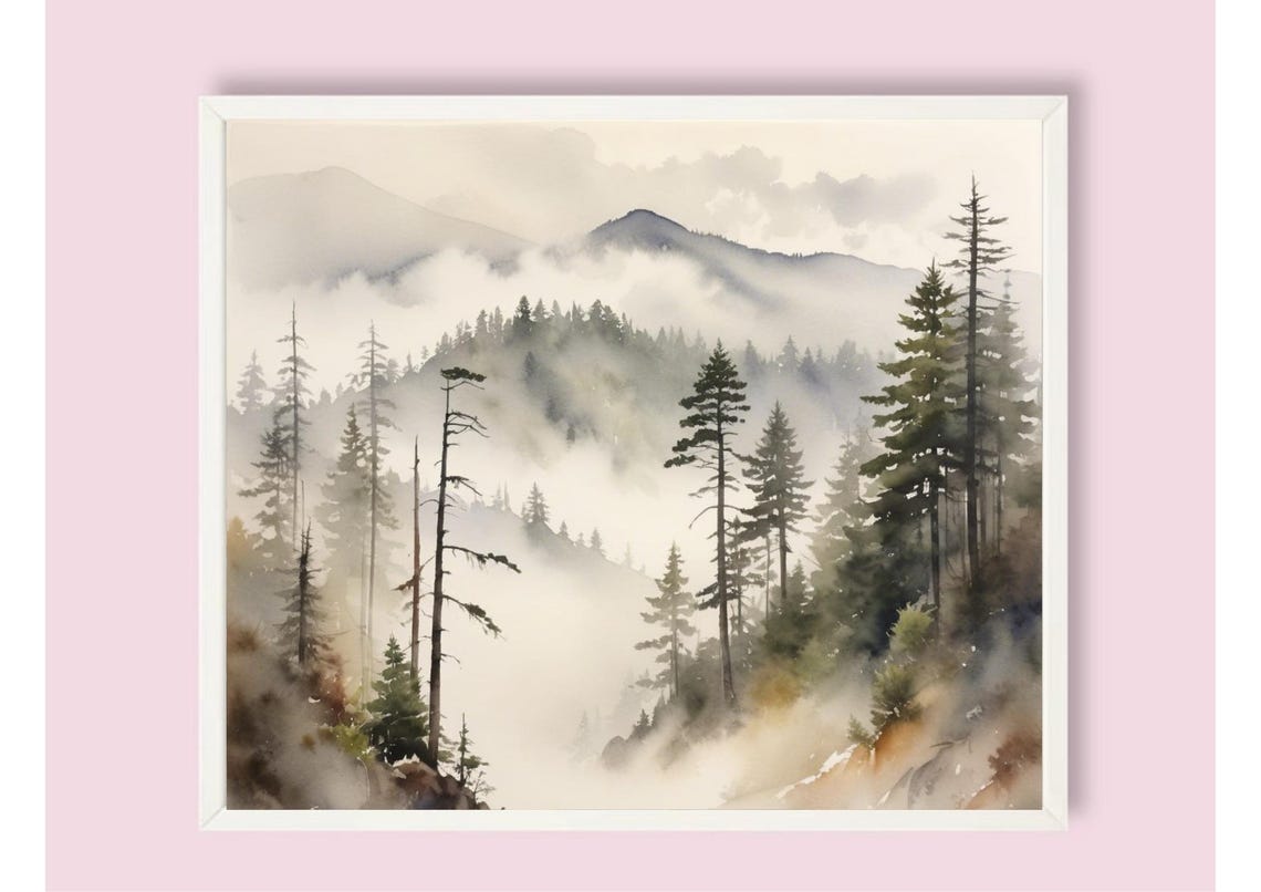 Foggy Evergreen Forest Watercolor Panoramic Mountain Landscape Poster - Image 6