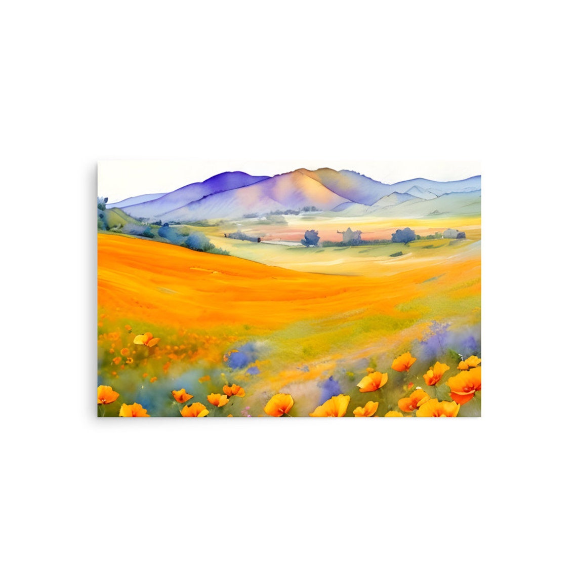 California Poppies Field Watercolor Painting Orange Poppies Art Print Panoramic Wildflowers Field Wall Art Watercolor California Poppy Art - Image 2
