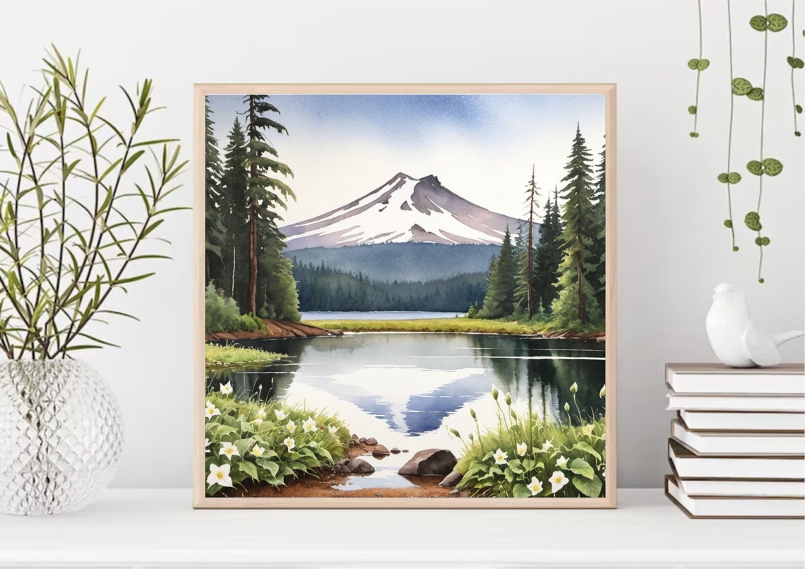 Trillium Lake Painting Mt Hood National Forest Watercolor Art Print Oregon Landscape Wall Art Mountain Lake Pine Trees And Wildflowers Print - Image 3
