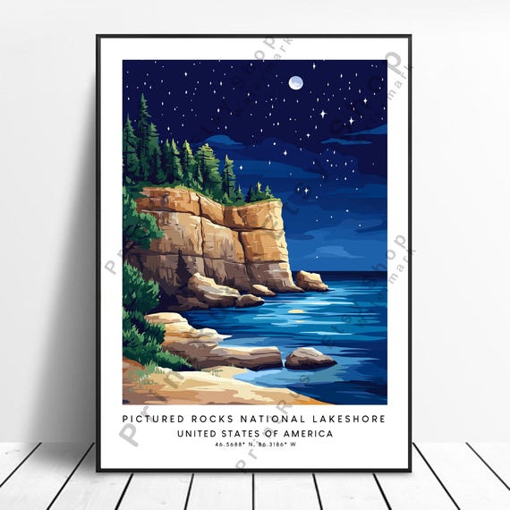 Pictured Rocks Travel Print Colourful National Lakeshore Wall Art Poster Illustration