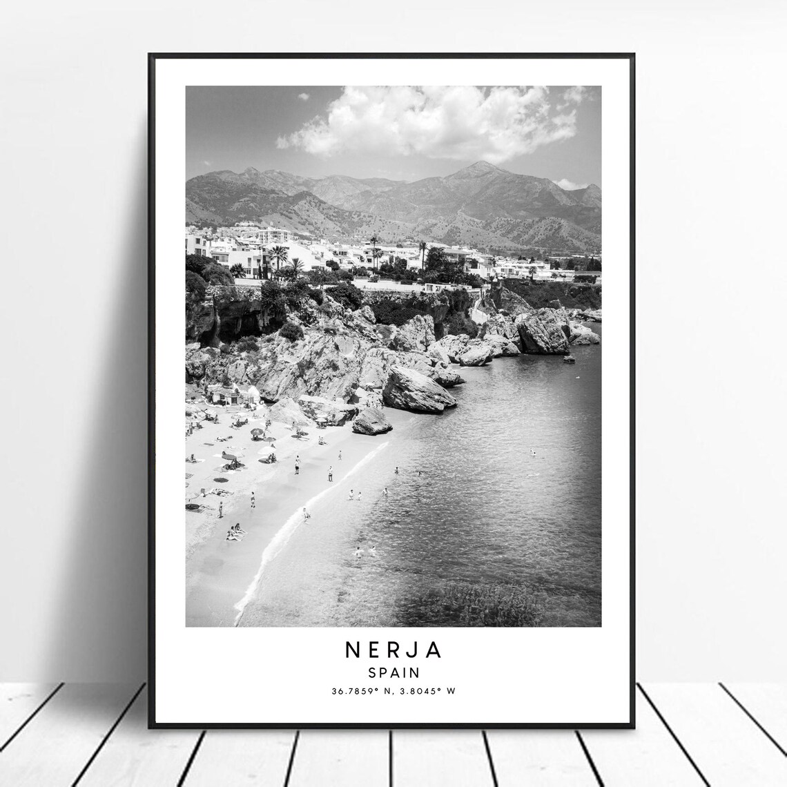 Nerja Minimalist Travel Poster, Black and White