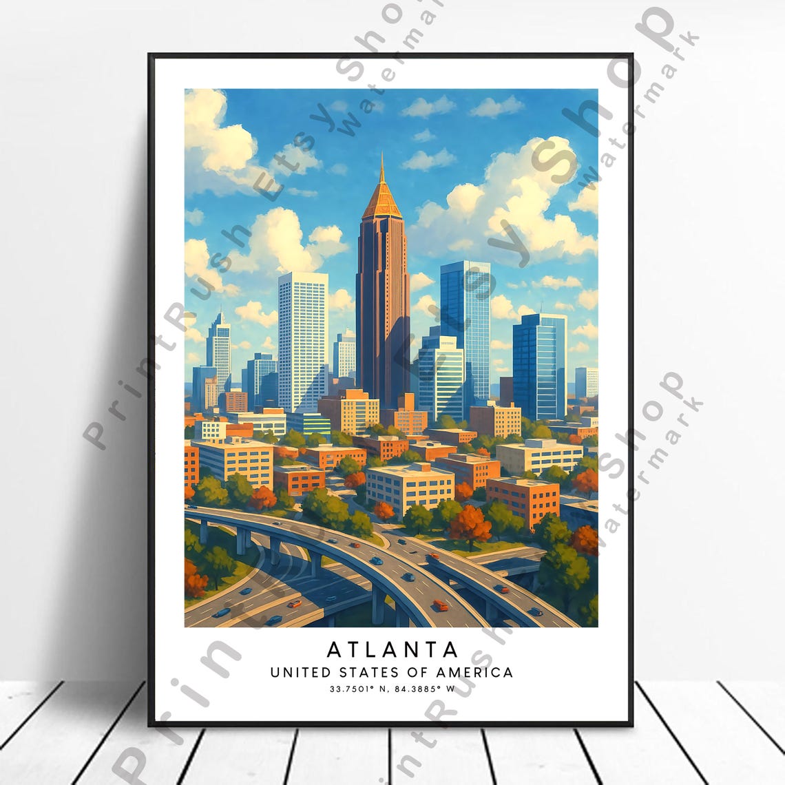 Atlanta Georgia Skyline Highway Interchange Travel Illustration Poster