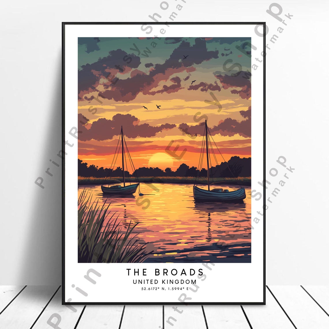 Norfolk Broads England Sunset Sailboats Wetland Travel Poster